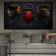 Black-framed canvas monkey wall art featuring three hip-hop style chimpanzees with colorful accessories by DecorBites™