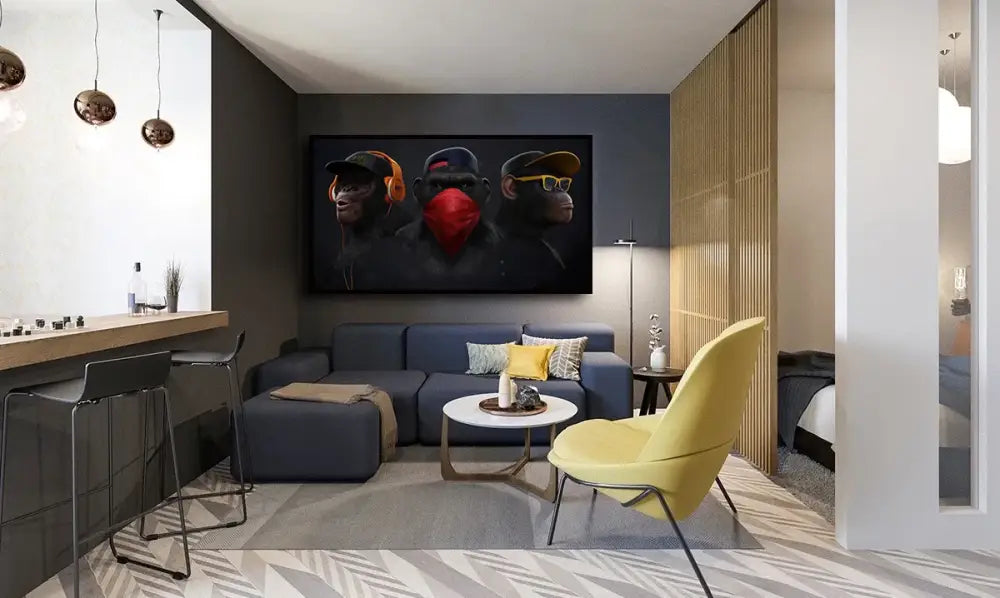 DecorBites™ fashionable monkey wall art with bold black frame featuring three monkeys wearing headphones and sunglasses