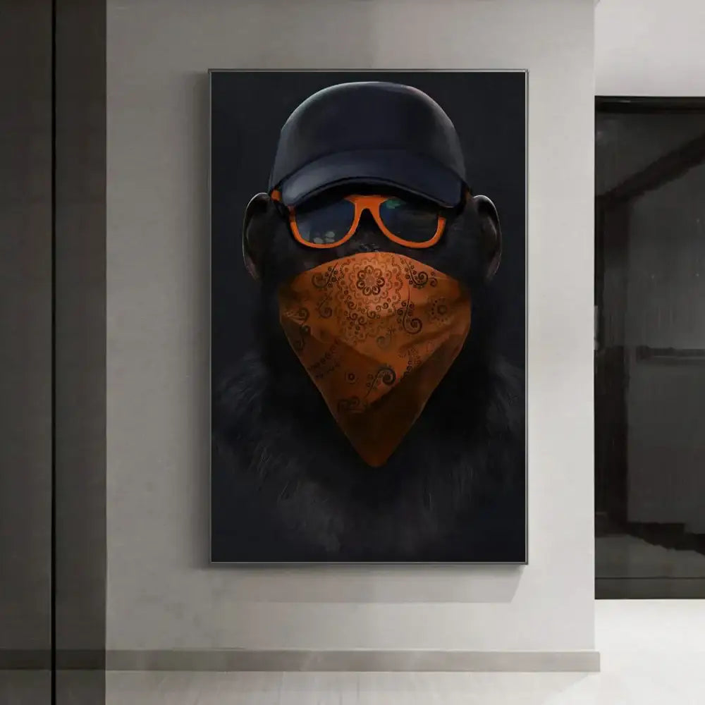 A framed canvas print of monkey wall art featuring a black monkey with an orange bandana and sunglasses by decorbites