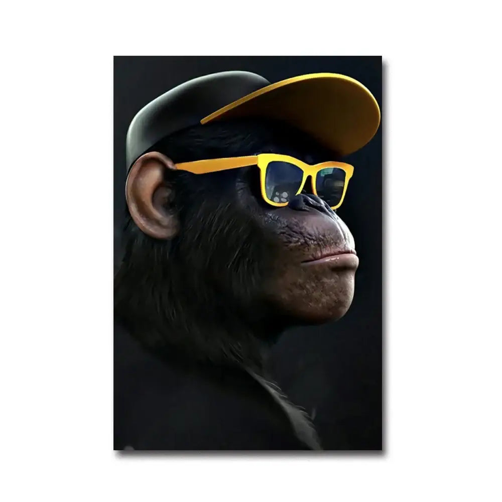 A stylish black chimpanzee portrait canvas with yellow brim cap and bright yellow sunglasses for monkey wall art