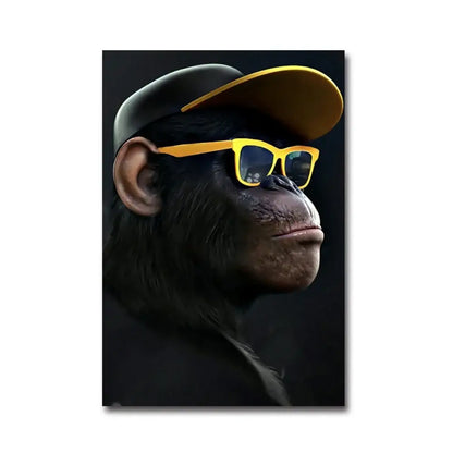 A stylish black chimpanzee portrait canvas with yellow brim cap and bright yellow sunglasses for monkey wall art
