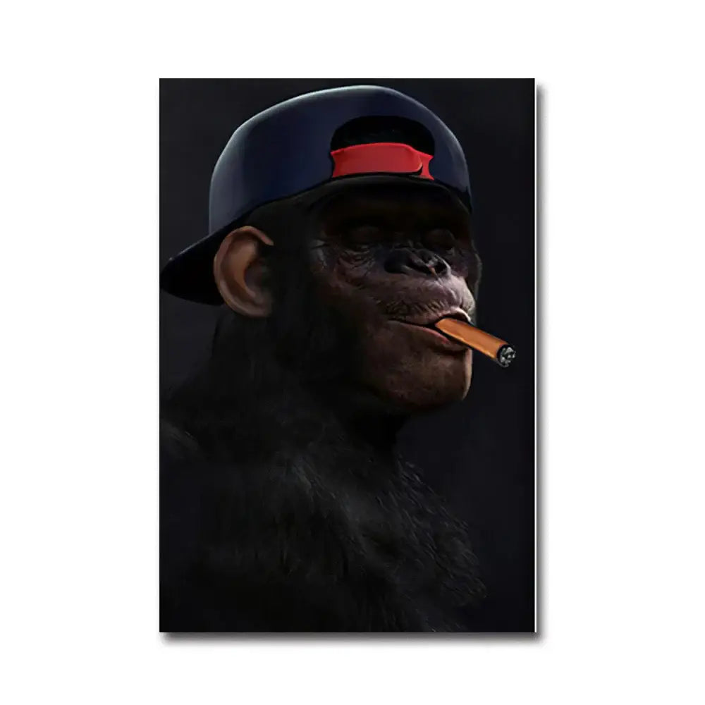 A stylized monkey wall art portrait featuring a chimpanzee with a dark blue cap and holding a cigar for premium decor