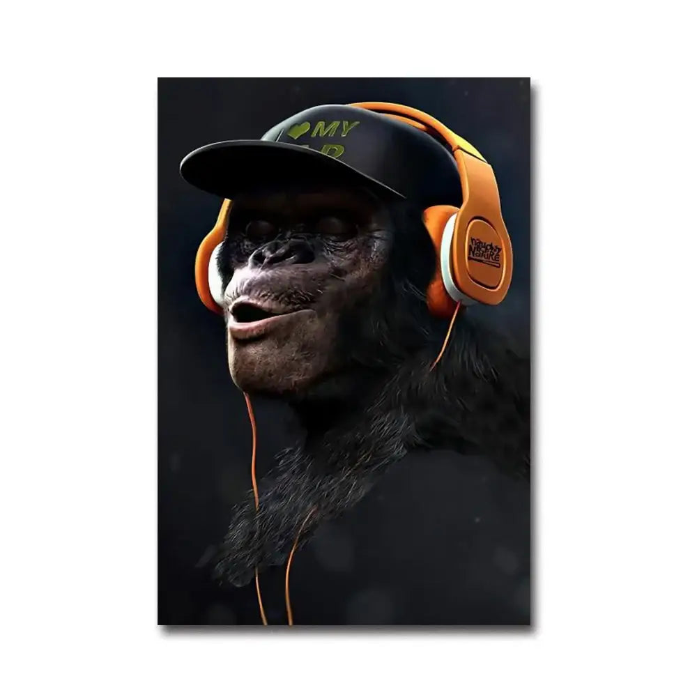 Stylized black chimpanzee wearing a black cap with yellow text and bright orange headphones in monkey wall art decorbites premium home decor
