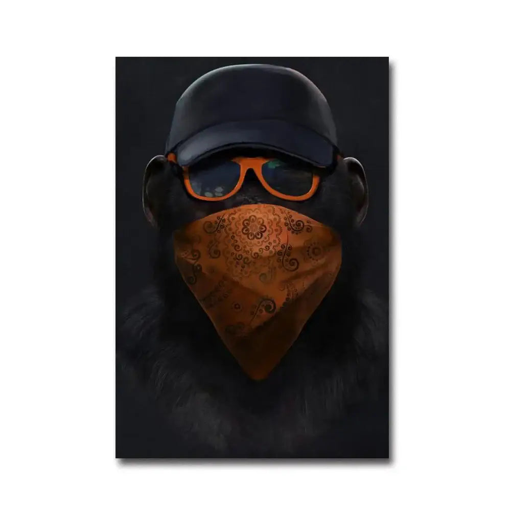Stylized black monkey wall art with dark cap orange sunglasses and ornate brown bandana for premium home decor