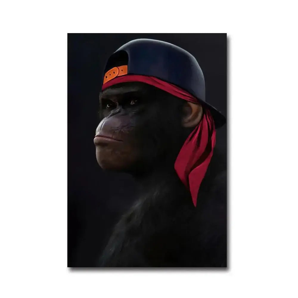 A stylized monkey wall art featuring a chimpanzee with a dark blue cap and red bandana for premium home decor
