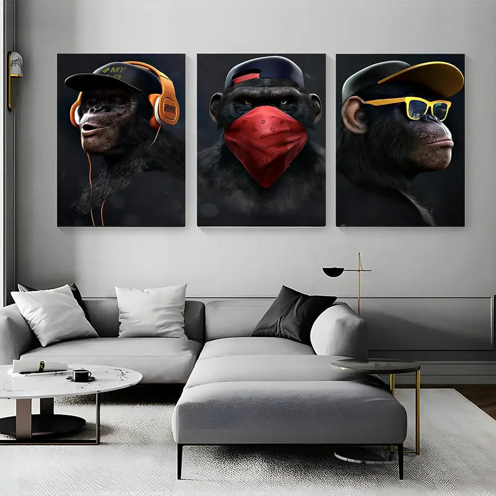 Three-panel monkey wall art featuring stylized chimpanzees in hip-hop fashion with dark backgrounds by decorbites
