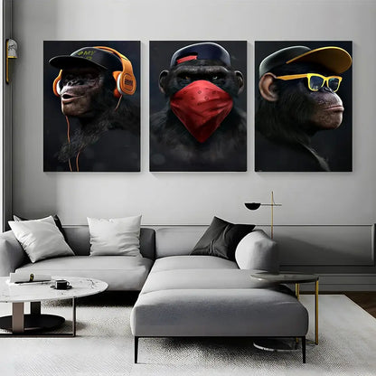Three-panel monkey wall art featuring stylized chimpanzees in hip-hop fashion with dark backgrounds by decorbites