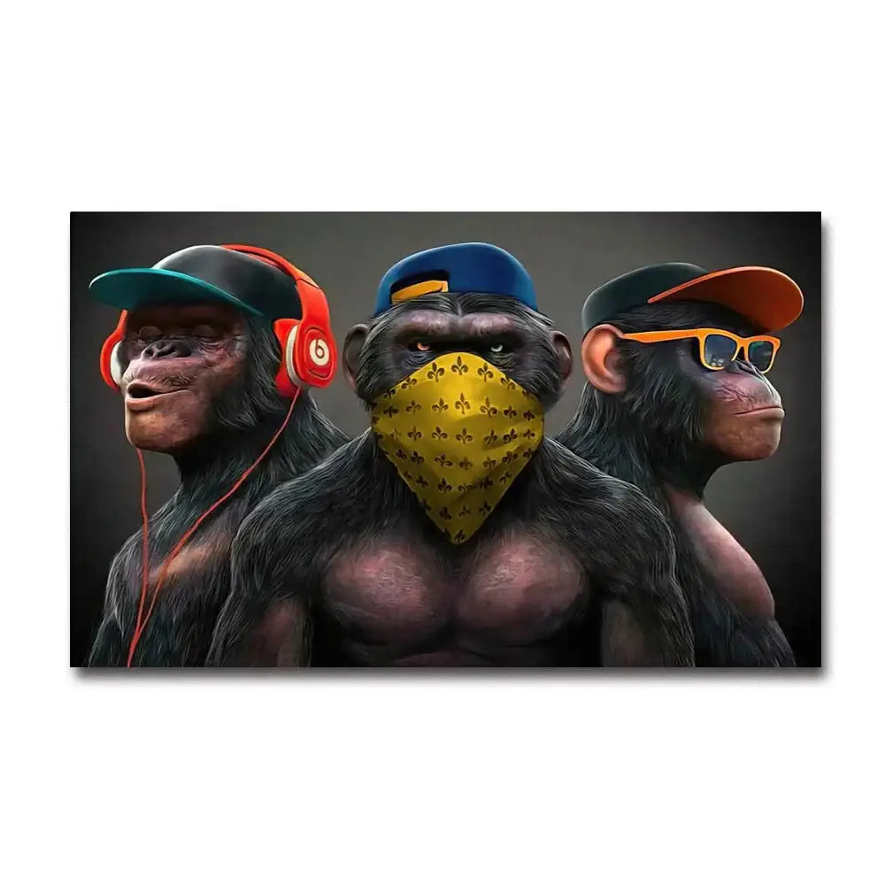 DecorBites™ fashionable monkey wall art featuring three stylized chimpanzees in vibrant streetwear and accessories