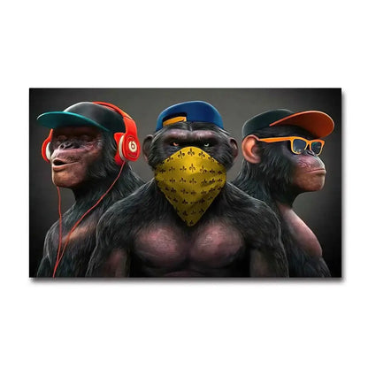 DecorBites™ fashionable monkey wall art featuring three stylized chimpanzees in vibrant streetwear and accessories