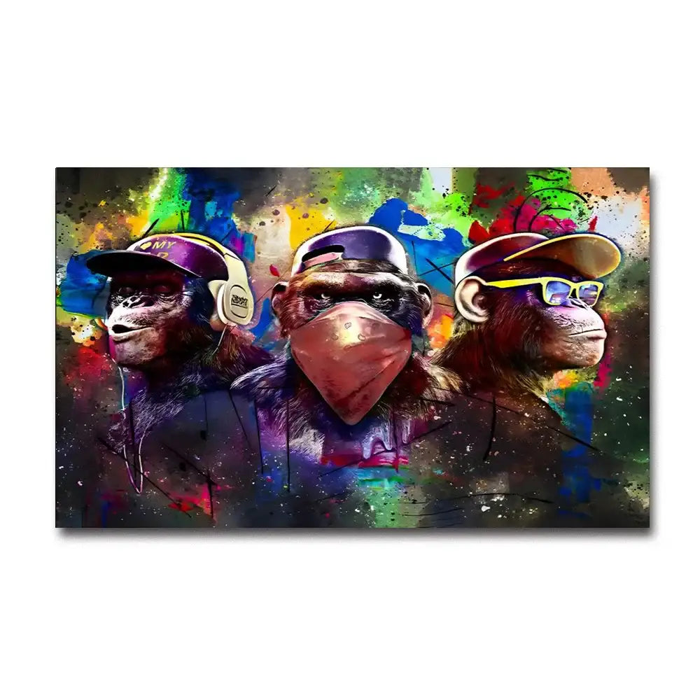 Decorbites™ fashionable monkey wall art featuring three vibrant graffiti-style monkeys in hip-hop attire