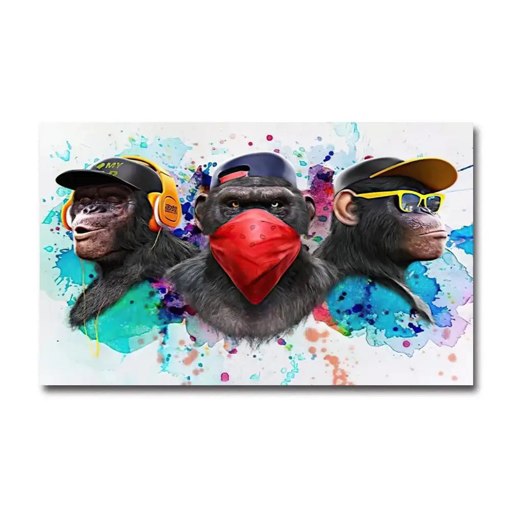 Decorbites™ fashionable monkey wall art featuring three hip-hop style chimpanzees on colorful canvas print