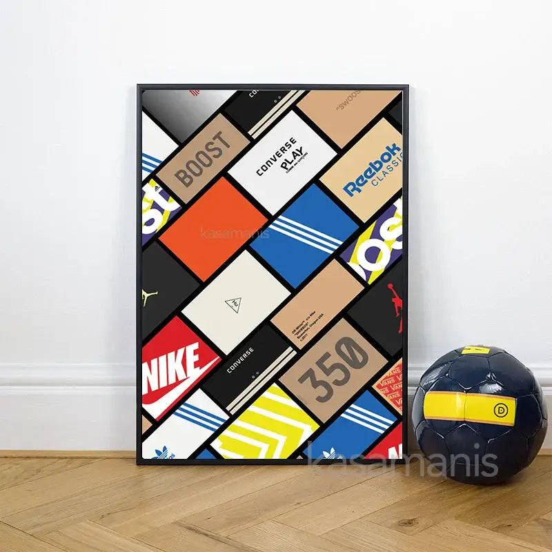 A framed DecorBites™ sneaker box canvas wall art featuring vibrant collage of sneaker brand logos in bold colors