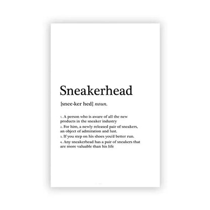 White rectangular sneaker box canvas wall art by DecorBites featuring sneakerhead definition in black serif font