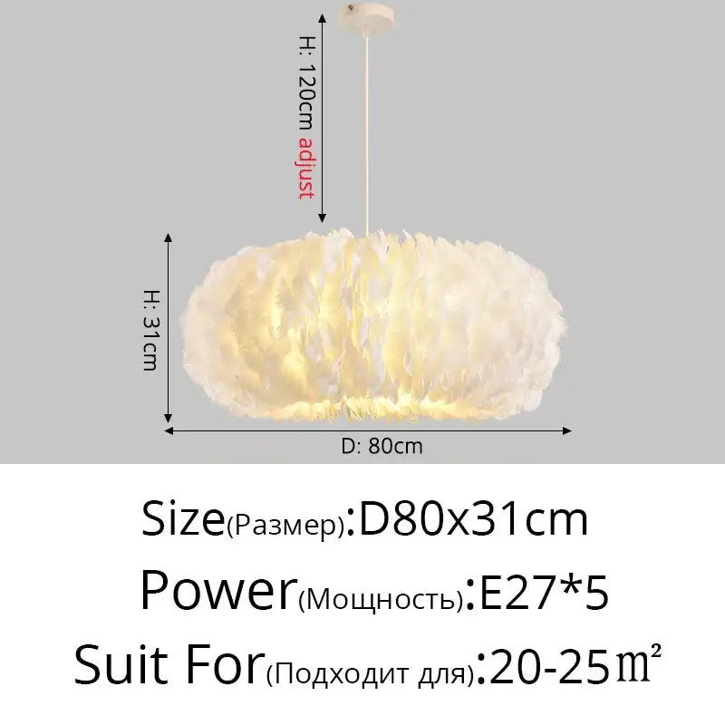 Decorbites feather decor led chandelier white bedroom pendant light with soft fluffy feather and warm adjustable glow