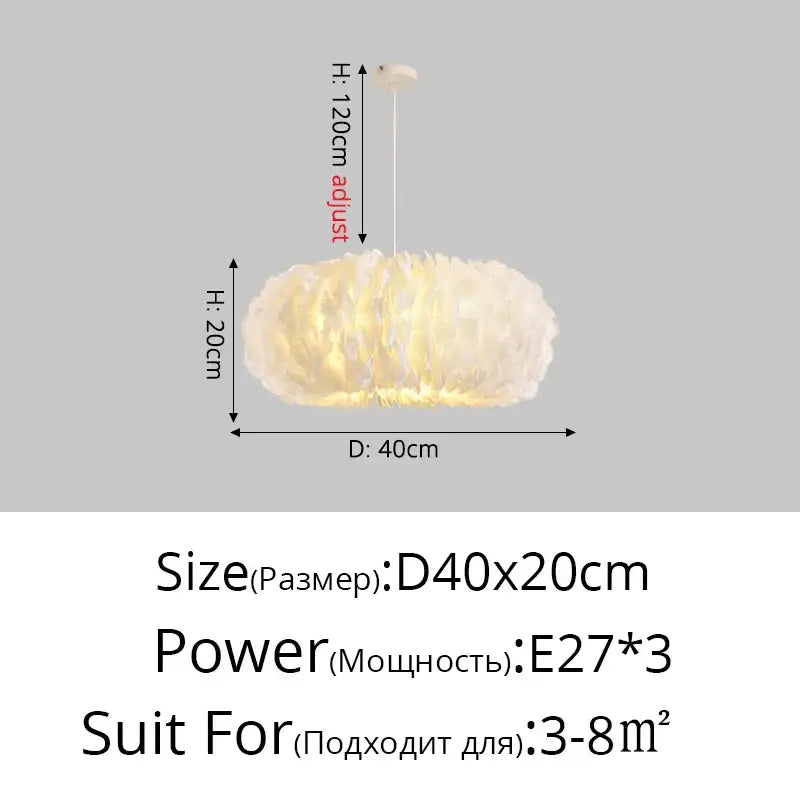 Decorbites feather decor led chandelier white bedroom pendant light with soft fluffy feather design and adjustable height