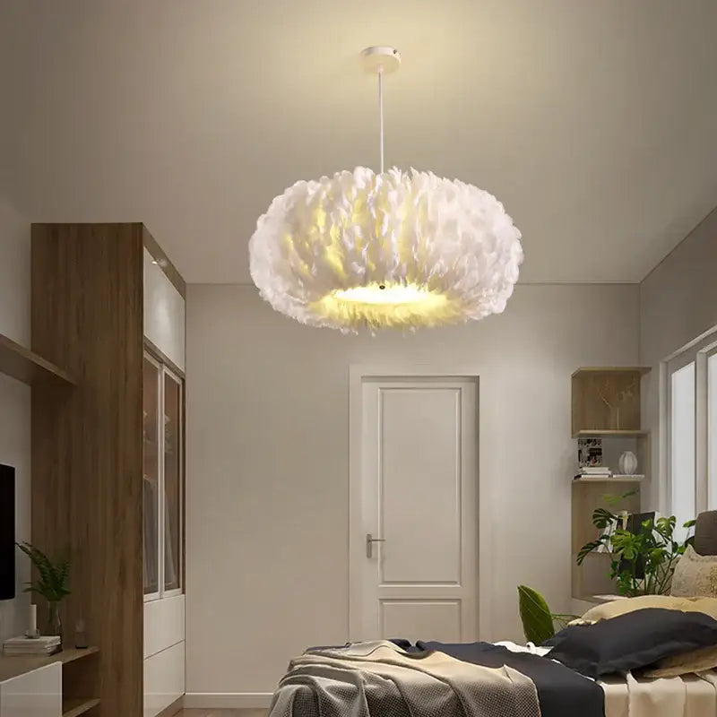White feather decor led chandelier by decorbites featuring a soft cloud-like design and warm bedroom illumination
