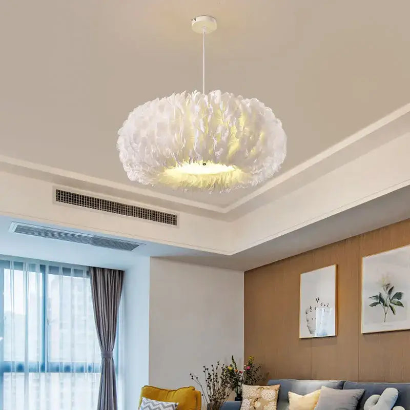 White decorbites feather decor led chandelier pendant light with soft fluffy texture and warm glowing illumination