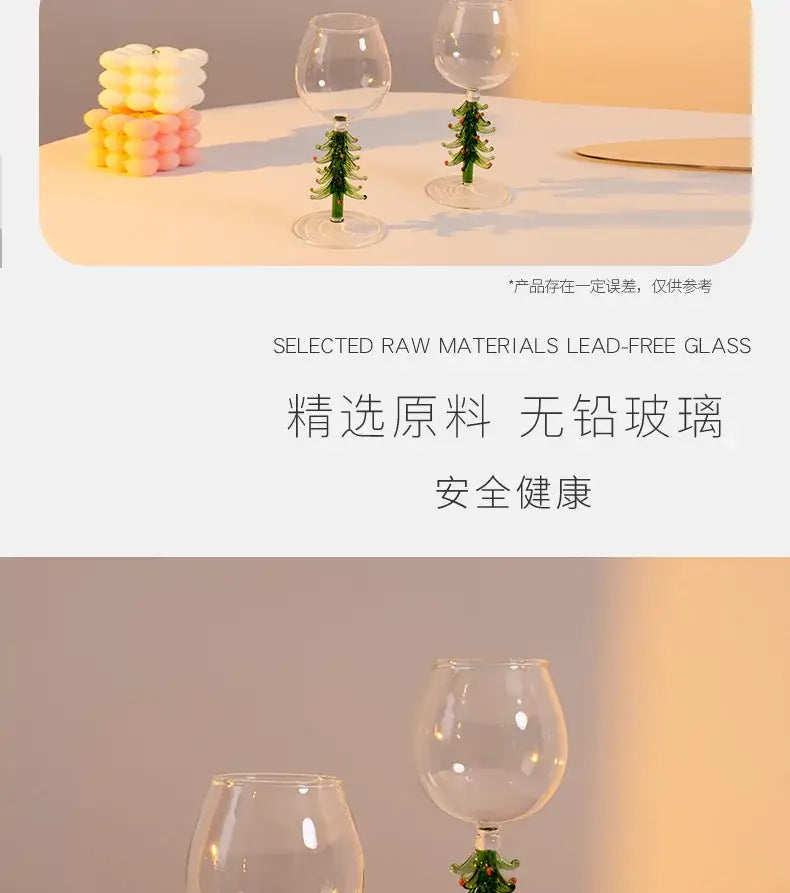 Clear lead-free glass wine glasses with festive green christmas tree stems decorbites™ christmas wine glasses