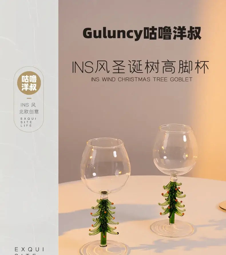 Clear glass wine glasses with green christmas tree stems from decorbites festive colored christmas wine glasses set