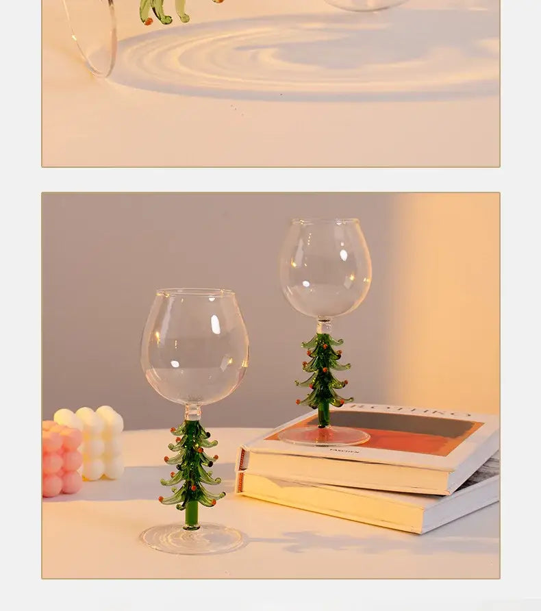 Decorbites festive colored wine glasses with green glass christmas tree stems and clear bowls for christmas wine use