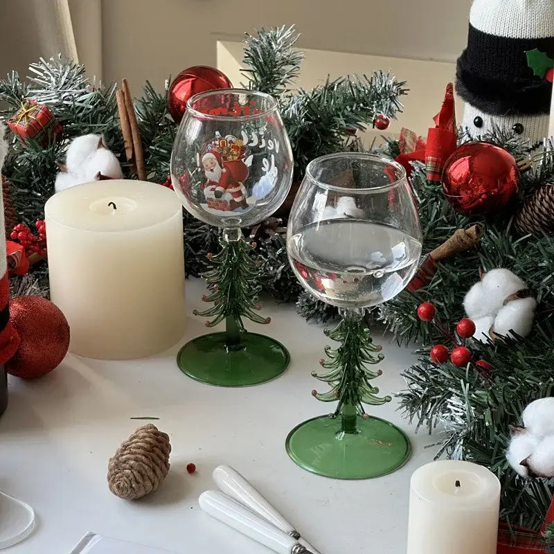 Decorbites™ festive colored christmas wine glasses with green tree stems and santa claus illustration for christmas party