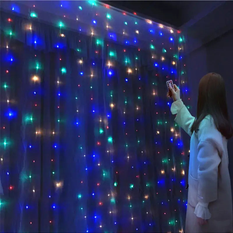 Decorbites™ festive usb fairy lights curtain set 6x3m with translucent fabric and multicolored blue green red leds