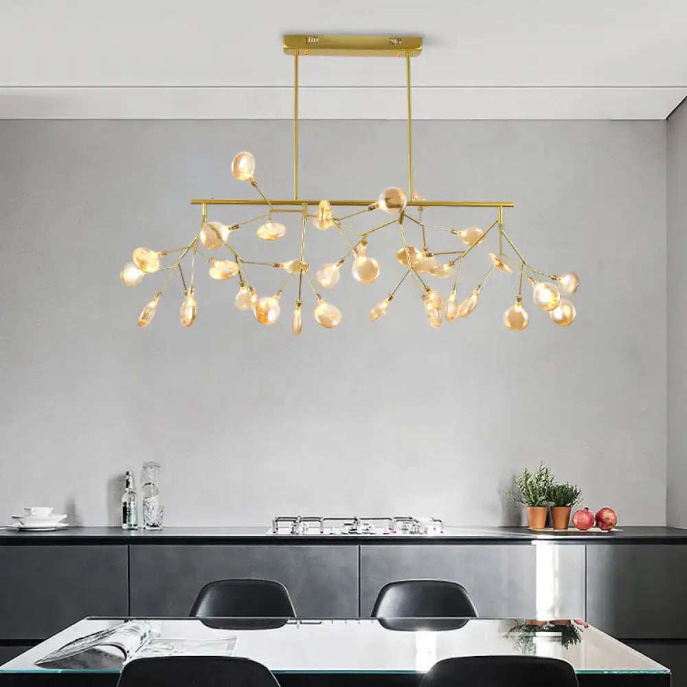 Gold-toned firefly island pendant with branching arms and teardrop glass bulbs postmodern metal ceiling lamp