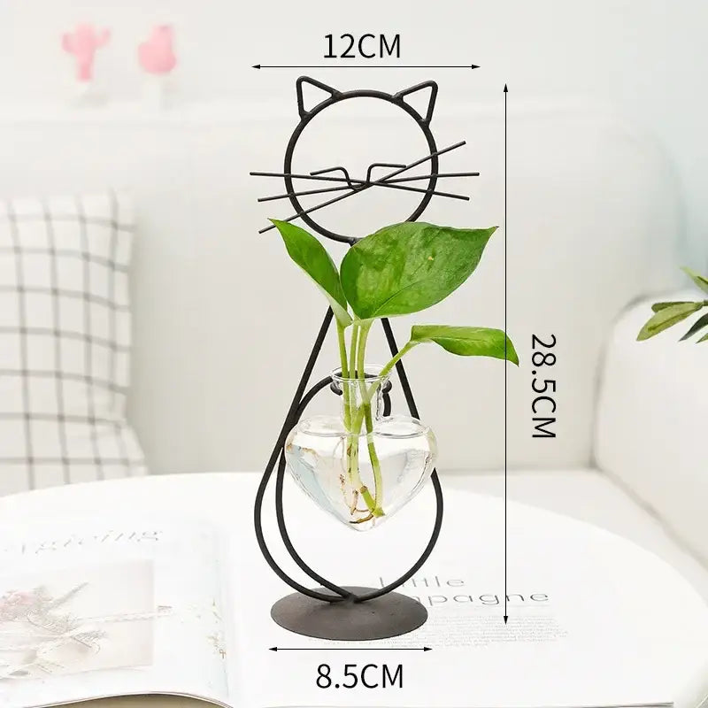 DecorBites™ flamingo metal vase in black cat shape with clear glass heart vase and green leaves for home decor