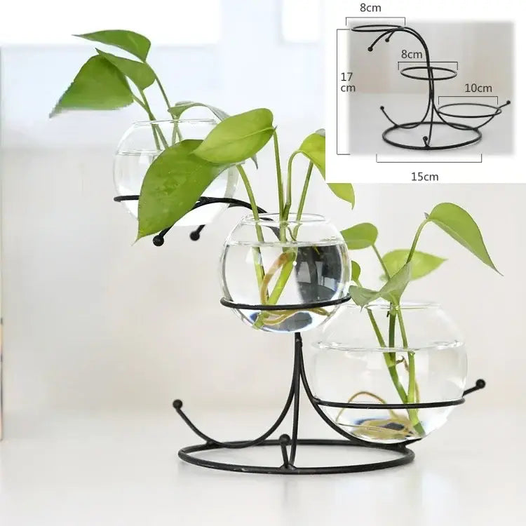 DecorBites™ flamingo metal vase black metal three-tiered plant stand with clear glass spherical vases for home decor