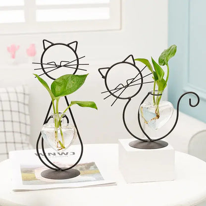 Decorbites™ flamingo metal vase home decor featuring black wireframe cat-shaped metal vase with heart glass planters