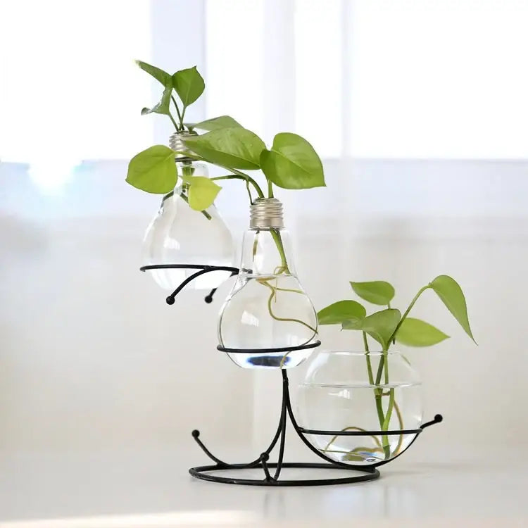 Decorbites™ flamingo metal vase clear glass light bulb vases with silver metal bases holding green plants for home decor