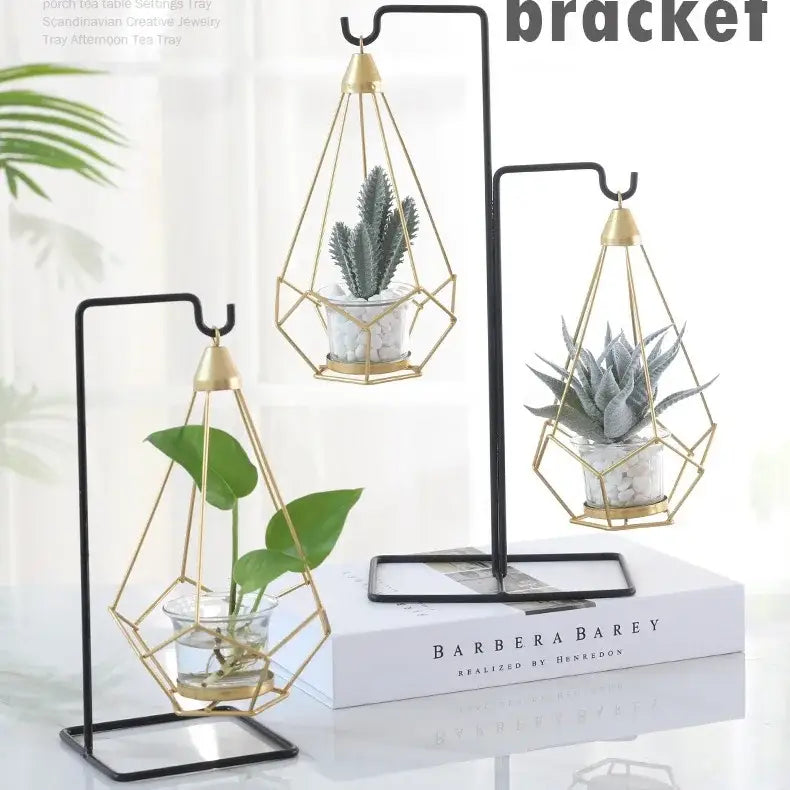 Gold geometric hanging metal vase with black metal stands by DecorBites for elegant home decor flamingo metal vase display
