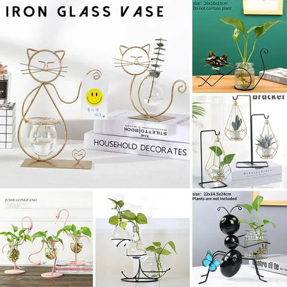 DecorBites™ flamingo metal vase featuring a gold wire cat design with clear glass bowl for stylish home decor