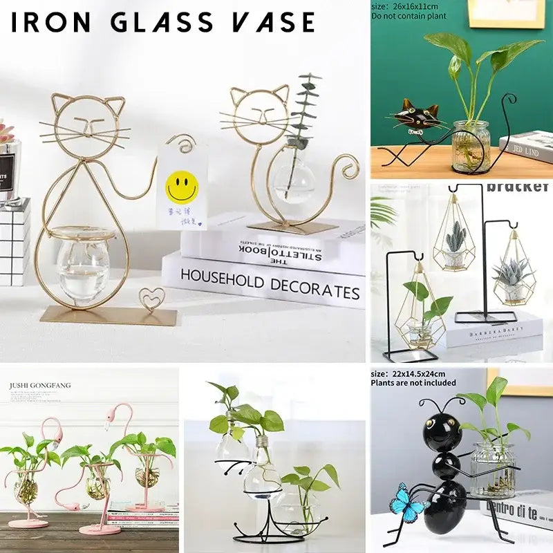 DecorBites™ flamingo metal vase featuring a gold wire cat design with clear glass bowl for stylish home decor
