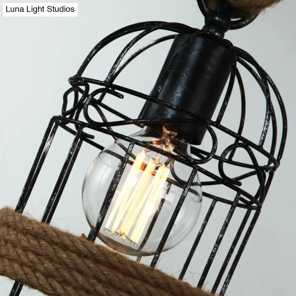 Black wrought iron birdcage ceiling light with hemp rope and edison filament bulbs for island suspension lighting