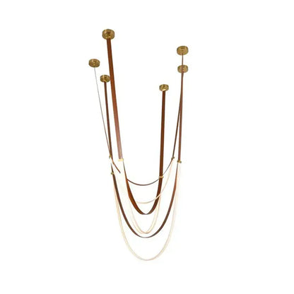 A modern led chandelier for living room with multiple tiers of brown and cream leather belt straps and brass mounts