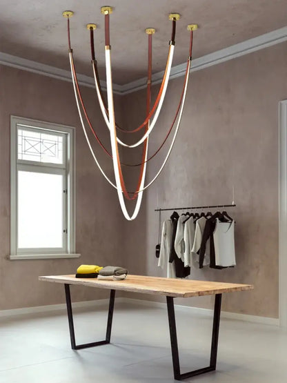 DecorBites™ flexible leather belt LED chandelier light with curved illuminated strips in brown and white tones