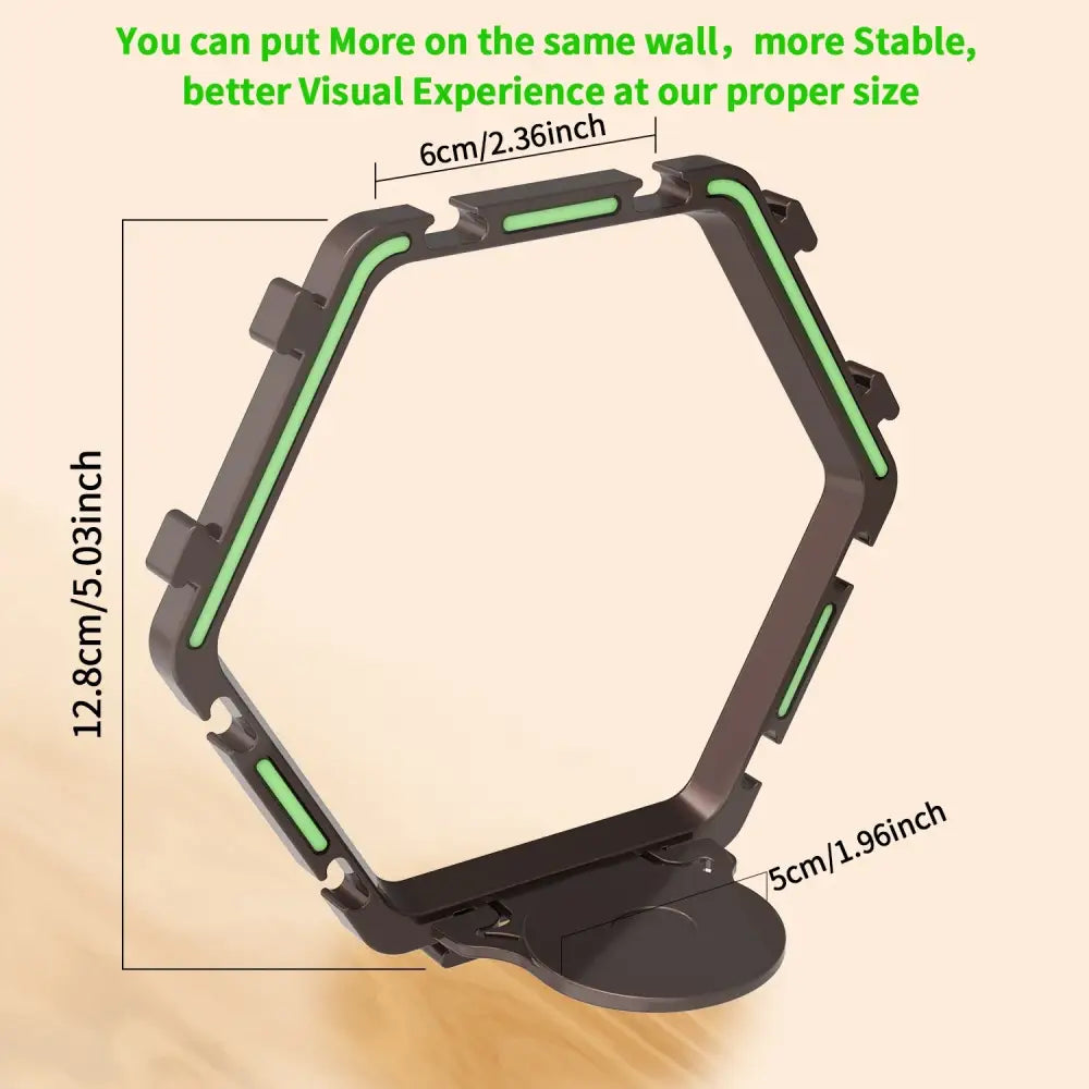 Decorbites™ black hexagonal floating display shelf with green accent strips for collectible toys wall mount