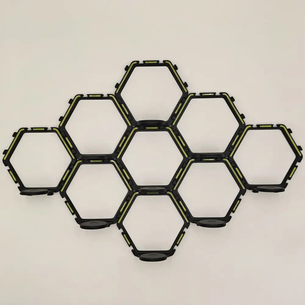 Black hexagonal floating display shelf with lime green accents by decorbites for collectible toys display shelf