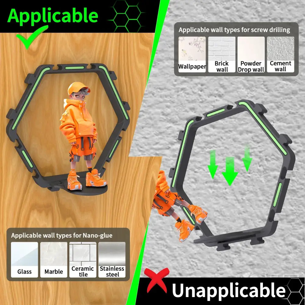 Black hexagonal DecorBites™ floating display shelf with green glowing edges for mounting collectible toys and action figures