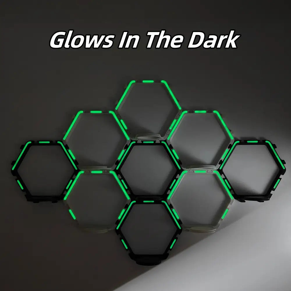 DecorBites™ black hexagonal floating display shelf with green led strips perfect for collectible toys display shelf