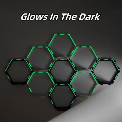 DecorBites™ black hexagonal floating display shelf with green led strips perfect for collectible toys display shelf