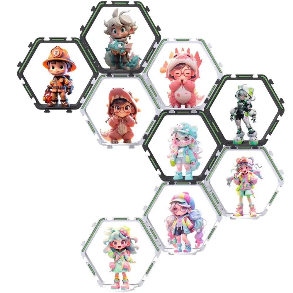 DecorBites floating display shelf with colorful stylized cartoon figurines in interconnected hexagonal frames for collectibles