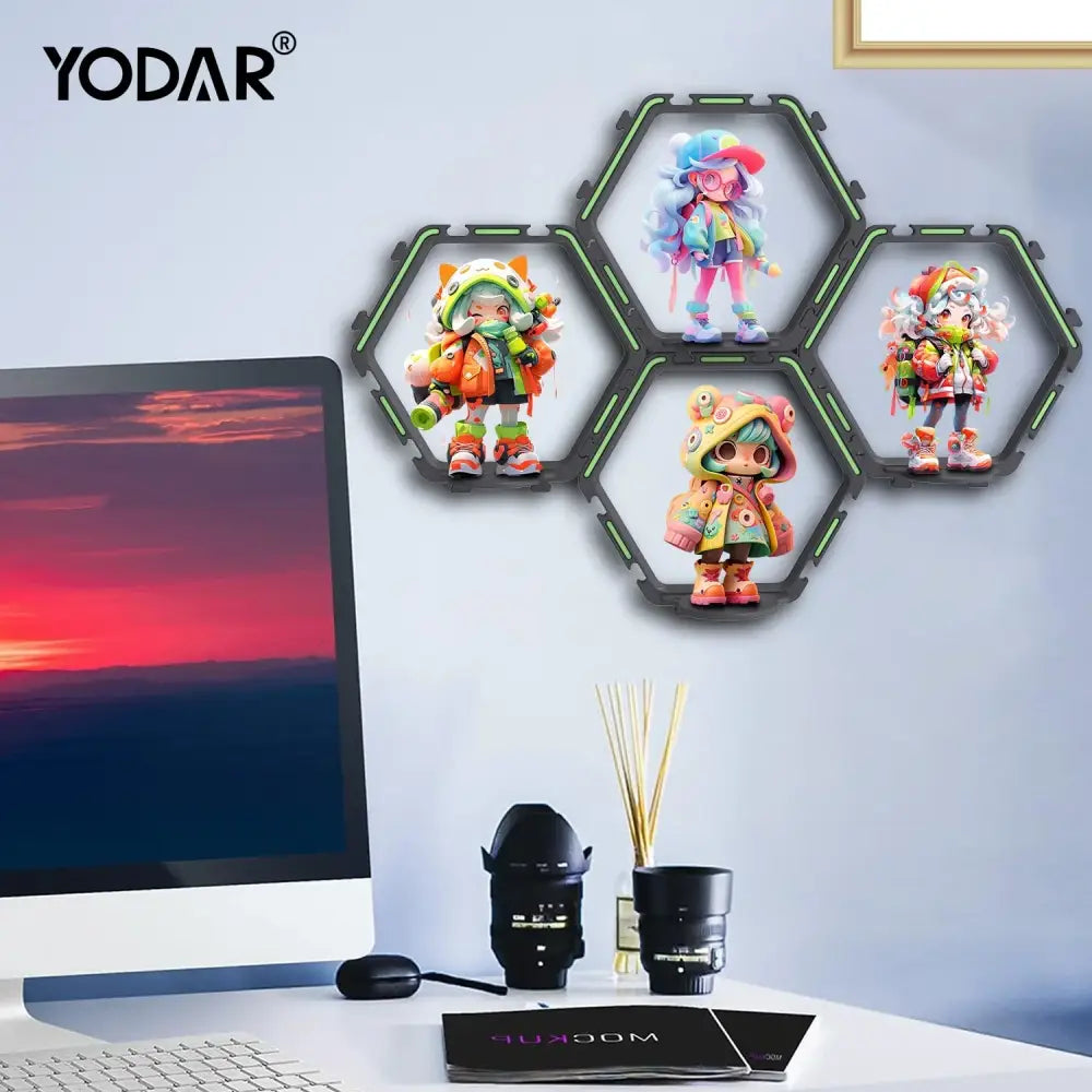 Hexagonal black and green modular floating display shelf holding colorful cartoon figurines for collectible toys