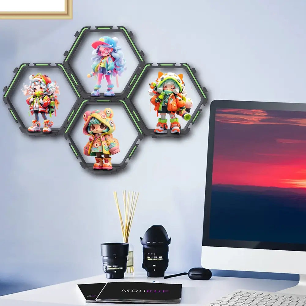 Decorbites™ floating display shelf with hexagonal black frames and glowing green edges for collectible toys display shelf