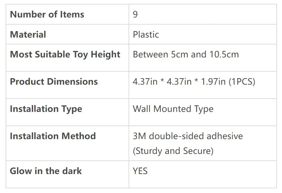 Plastic floating display shelf with 3m adhesive, glows in the dark, for 5-10.5cm collectible toys by DecorBites™