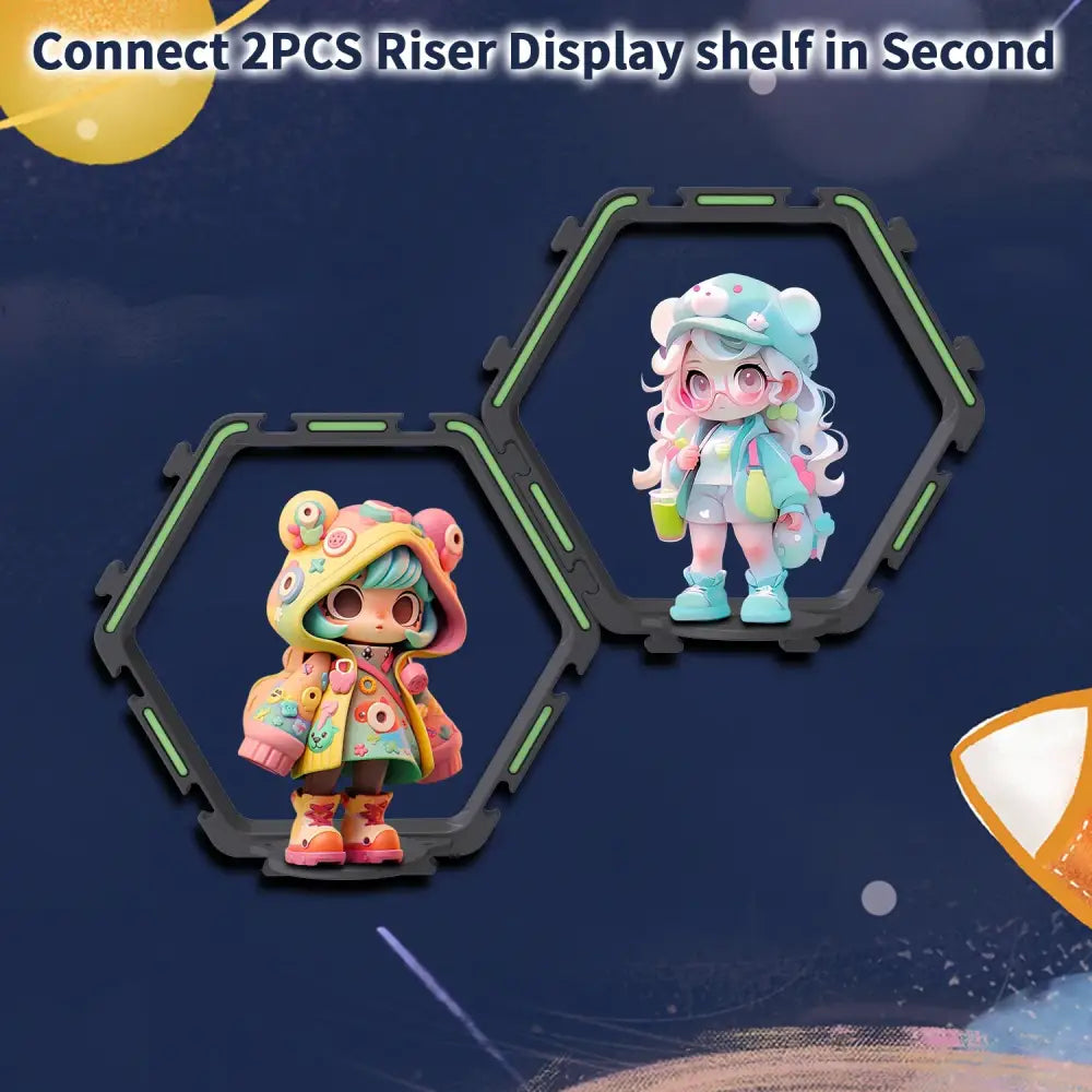 Two hexagonal black decorbites™ floating display shelves with green glowing edges holding colorful cartoon figurines