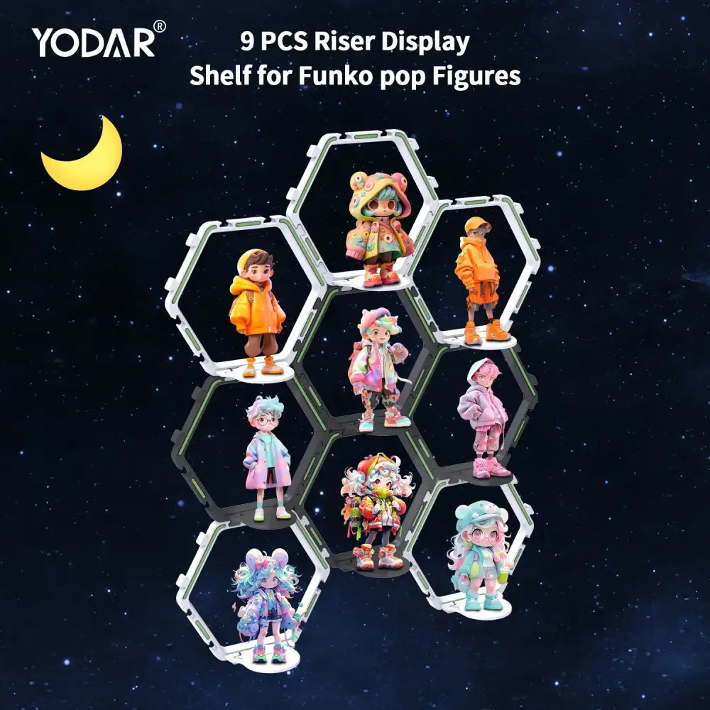 White hexagonal decorbites™ floating display shelf for collectible toys designed as a floating display shelf for funko pop figures