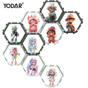 Yodar brand collectible figurines displayed in a hexagonal DecorBites™ floating display shelf for collectible toys