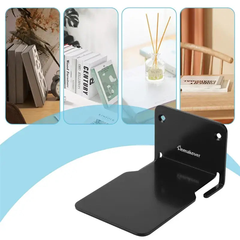 Black metal bookshelf bracket with minimalist design and domakover engraving for decorbites 2pcs floating bookshelves